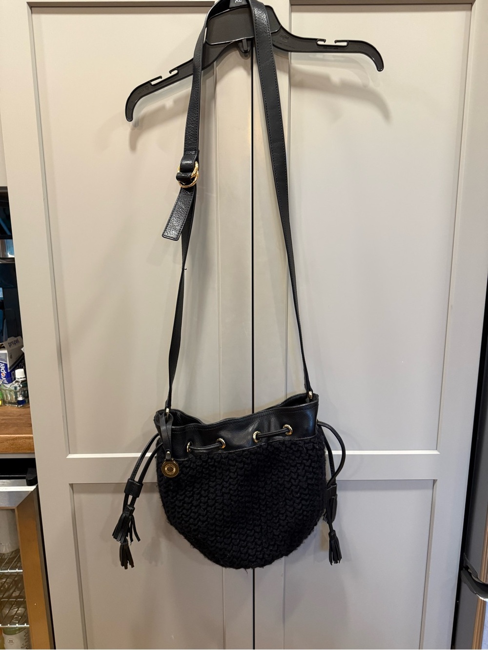 UGG Black Woven Drawstring Shoulder Bag with leather trim & Tassel Details